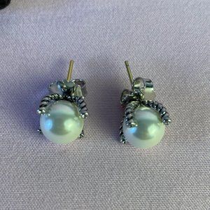 David Yurman Cable Pearl Stud Earrings in Sterling Silver with Diamonds